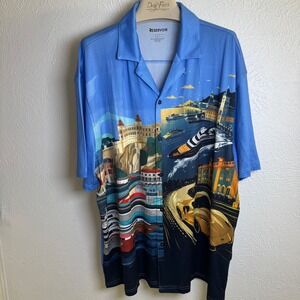 RESERVOIR Men's Graphic Button Up Shirt L Blue Luxury Car Yacht Scene